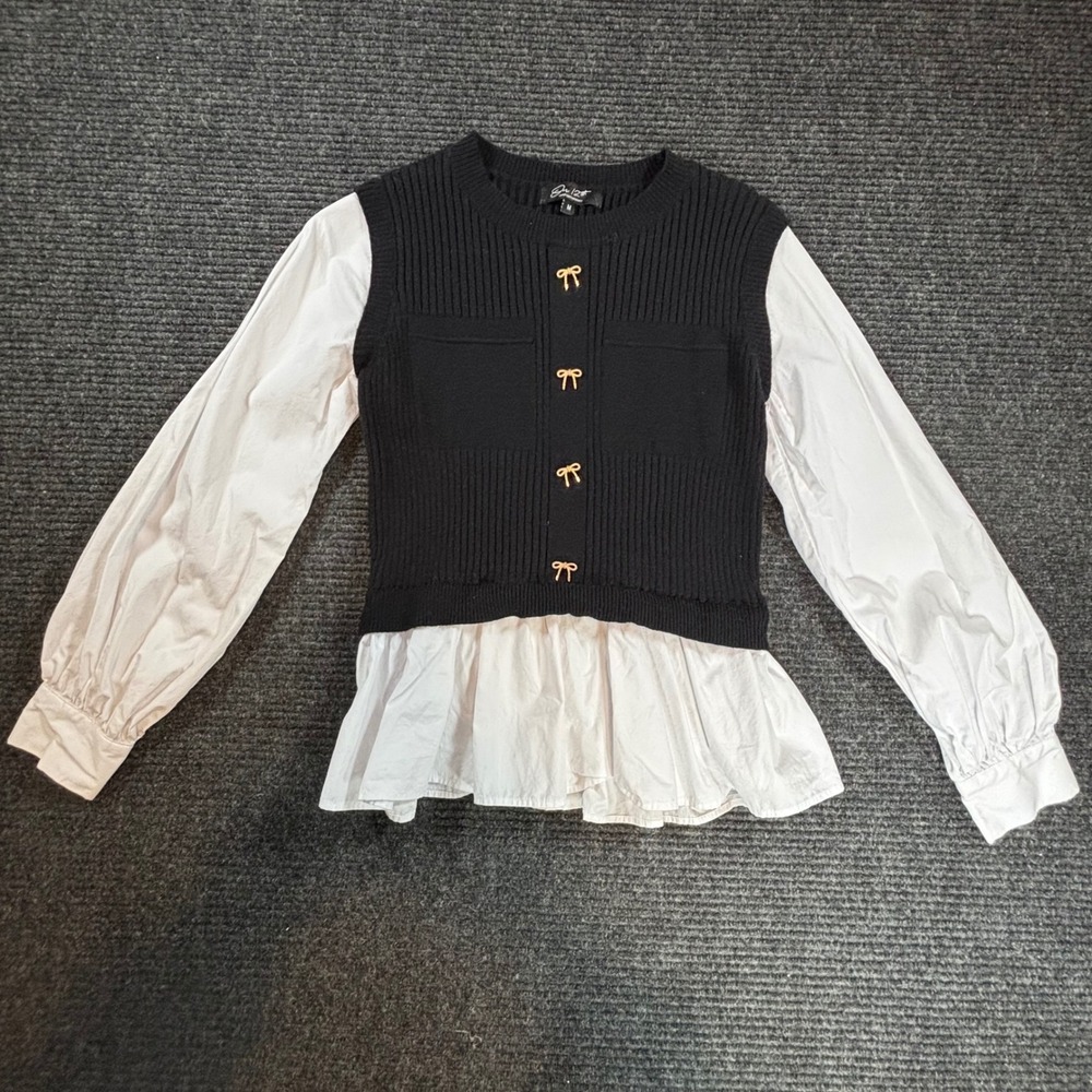On 12th Mixed Media Sweater‎ Vest Layered Shirt Black White Gold Bows Size M